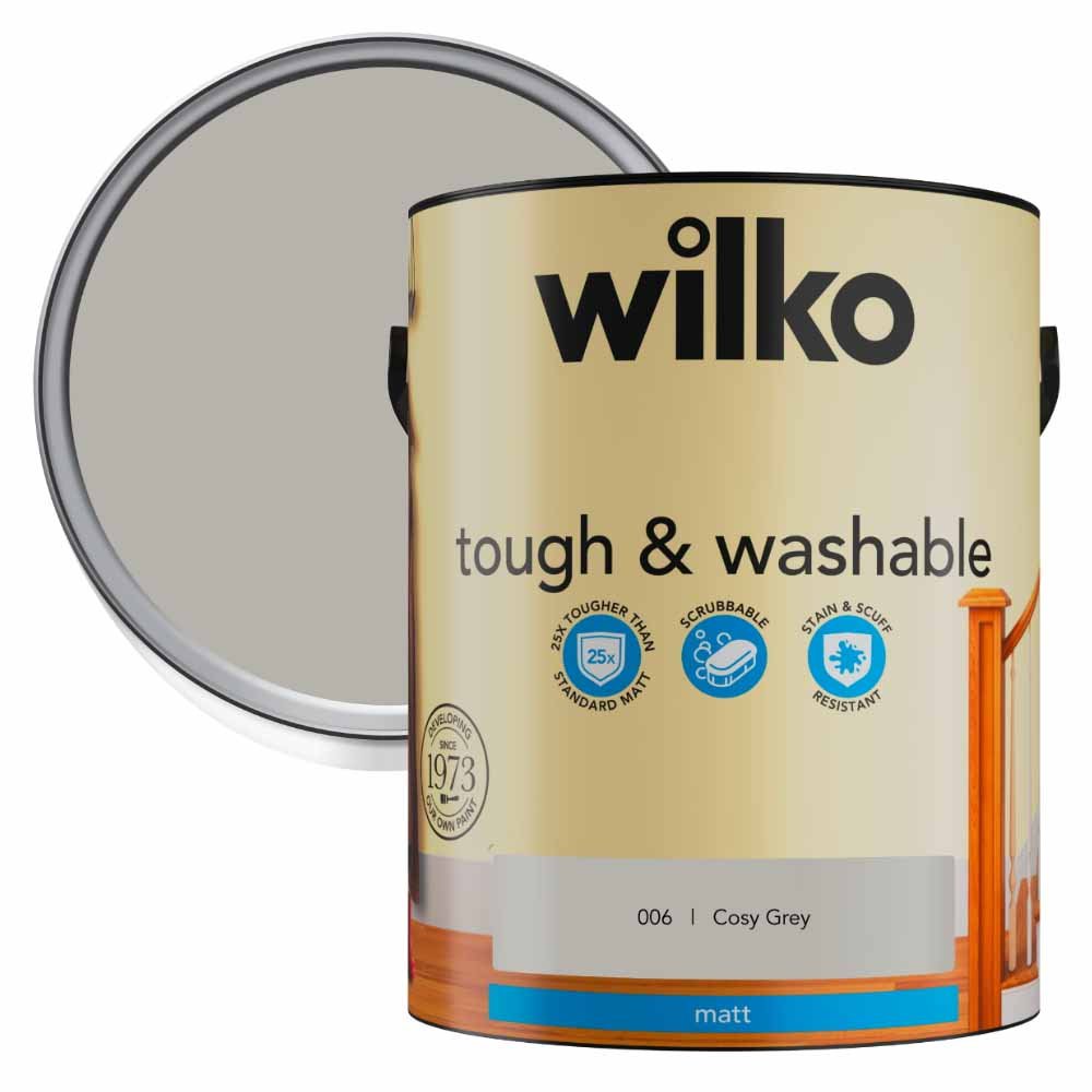 Wilko Tough & Washable Cosy Grey Emulsion Paint 5L Image 1