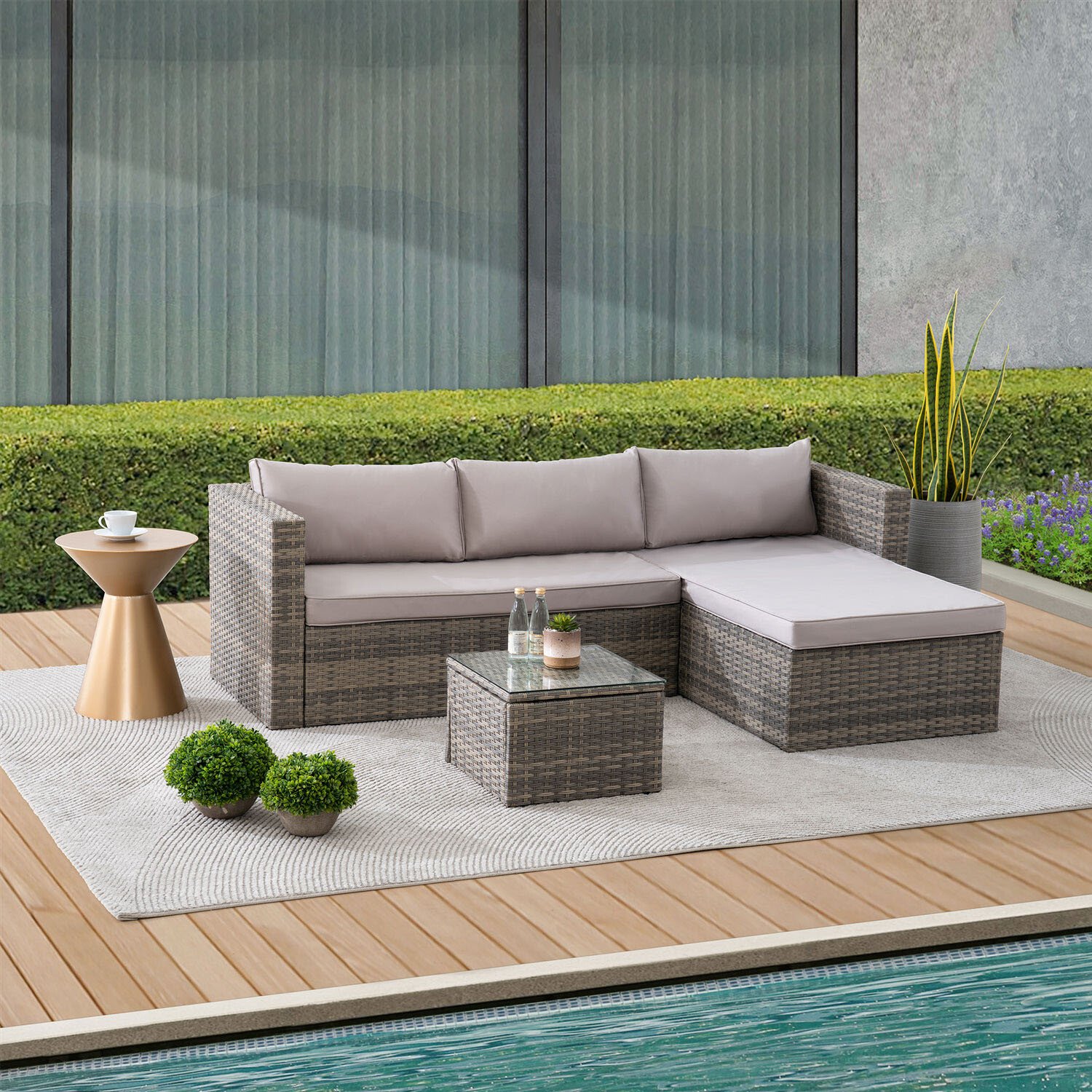 Alexandria 3 Seater Natural Rattan Wicker Outdoor Corner Sofa Lounge Set with Cushions Image 7