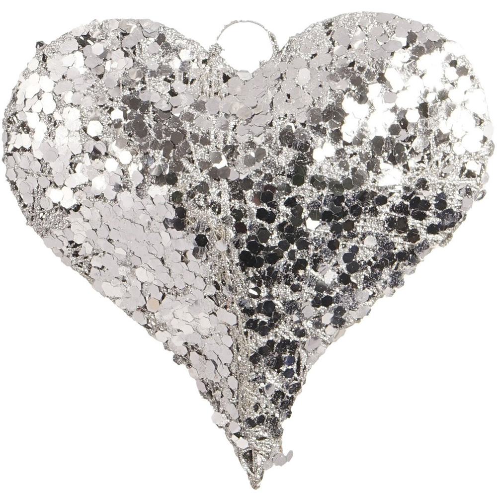 Chic Noir Silver Glitter Sparkly Heart Hanging Ornament Image