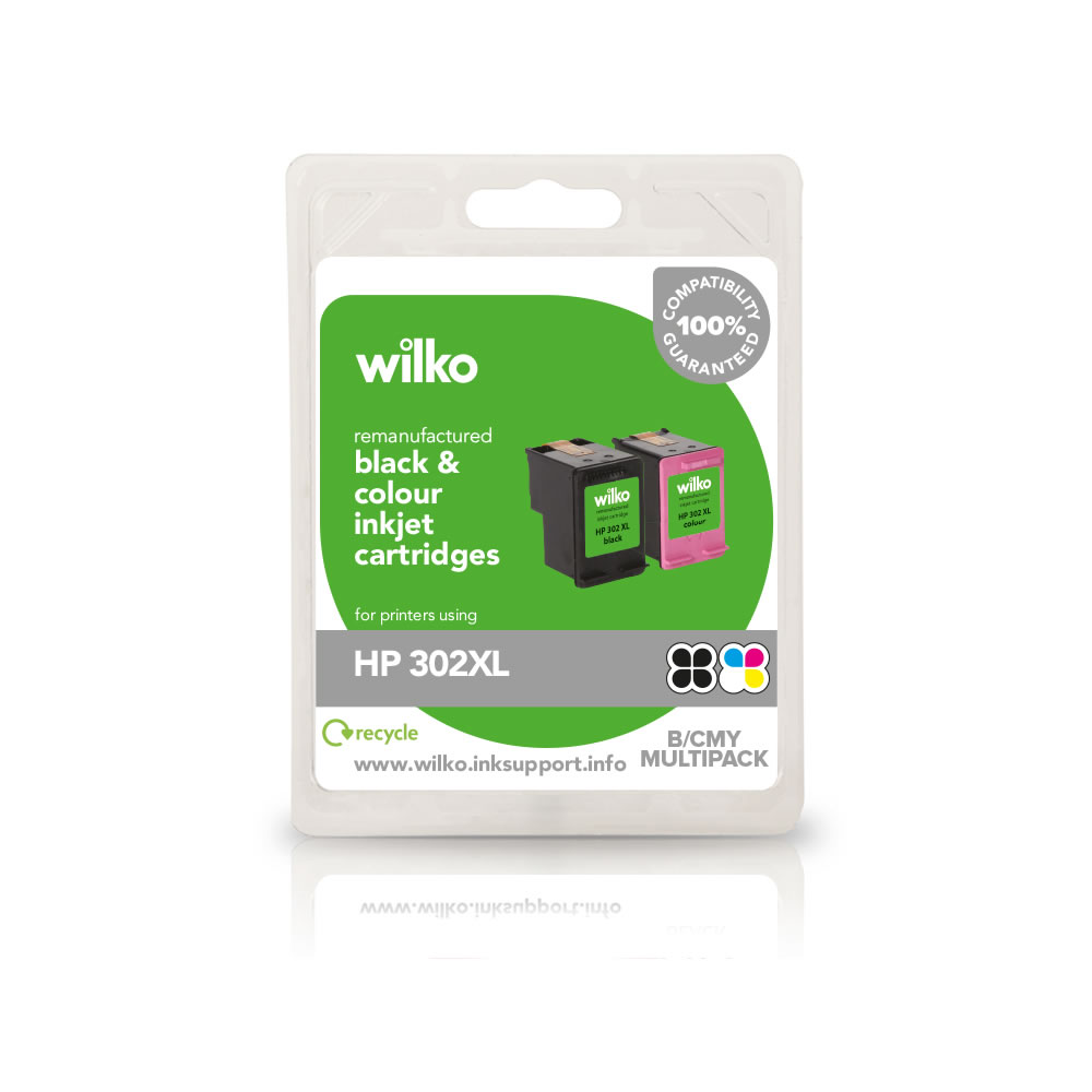 Wilko HP 302XL Black and Colour Inkjet Cartridge Enjoy high quality prints with the wilko Remanufactured HP 302XL Colour Inkjet Cartridge Pack. The pack contains 1 x black and 1 x colour extra-large capacity cartridge which are compatible with Hewlett Packard 302.  Here's the full list of printers that this cartridge will work with: Deskjet 1110, 2130, 2132, 2133, 2134, 3630, 3632, 3633, 3634, 3636, 3637, 3638, Envy 4513, 4520, 4521, 4522, 4523, 4524, 4525, 4526, 4527, 4528, Officejet 3830, 3831, 3832, 3833, 3834, 3835, 4650, 4651, 4652, 4654, 4655, 4656, 4657, 4658.  Before purchasing, check that this cartridge is compatible with your printer. Don?t forget to recycle your old inkjet cartridge! When you order a new wilko cartridge, we?ll send you a freepost envelope ? pop in your old cartridge and send it off to The Recycling Factory. They?ll make a donation of £1 to wilko?s local charities for every inkjet cartridge successfully recycled. Please see www.therecyclingfactory.com for a full list of recyclable items.  If you need any support when installing your cartridge, we're here to help. Call our dedicated free phone helpline on 0800 091 0083, lines open Monday - Friday 9am-5pm. You can also visit the wilko Ink Support website www.wilko.inksupport.info for more information.
