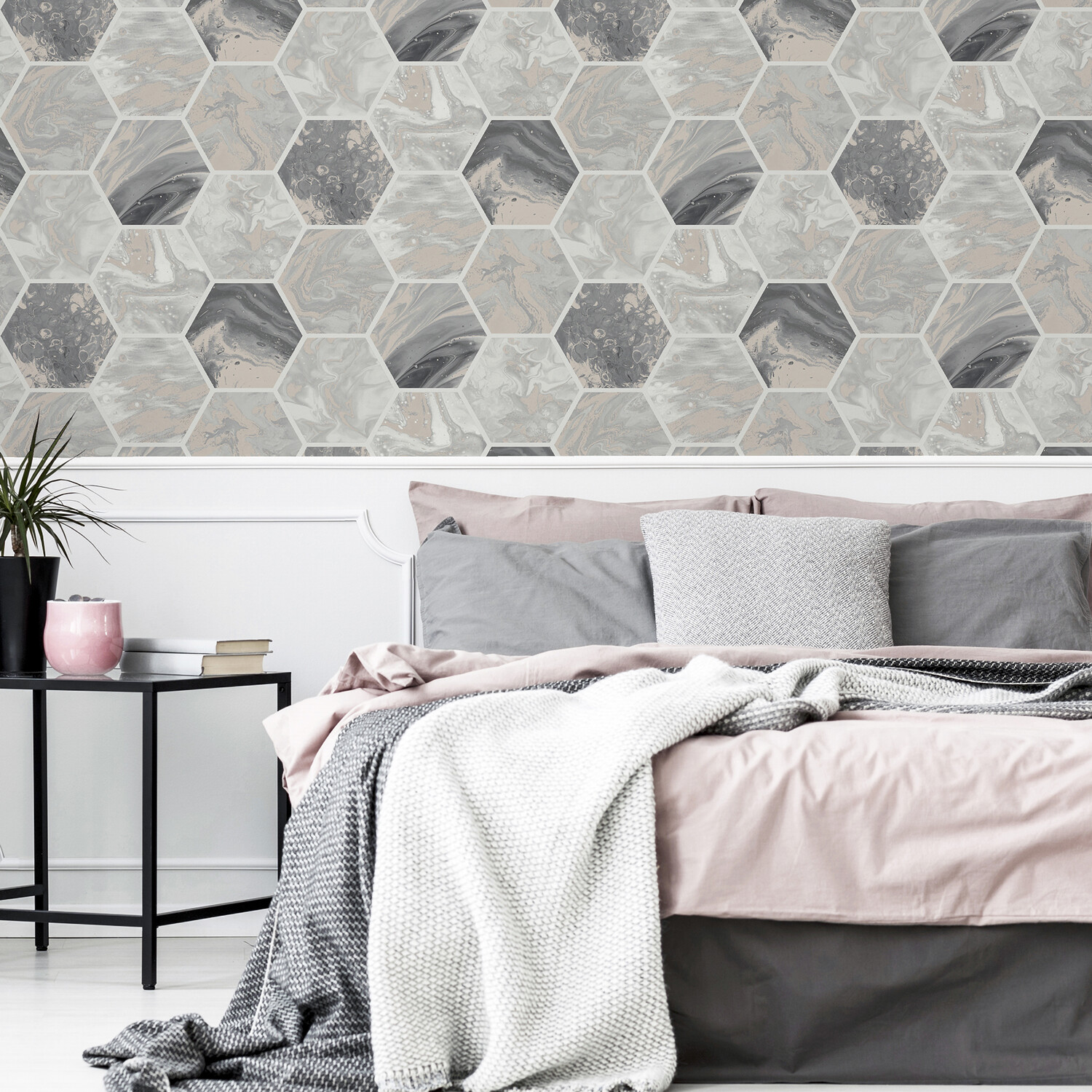 Marbled Hexagon Wallpaper - Charcoal and Rose Gold Image 4