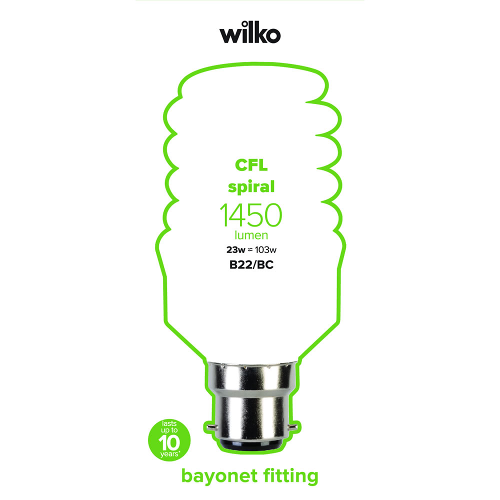Wilko 1 pack Bayonet B22/BC CFL Energy Saving 23W Spiral Light Bulb Image 2