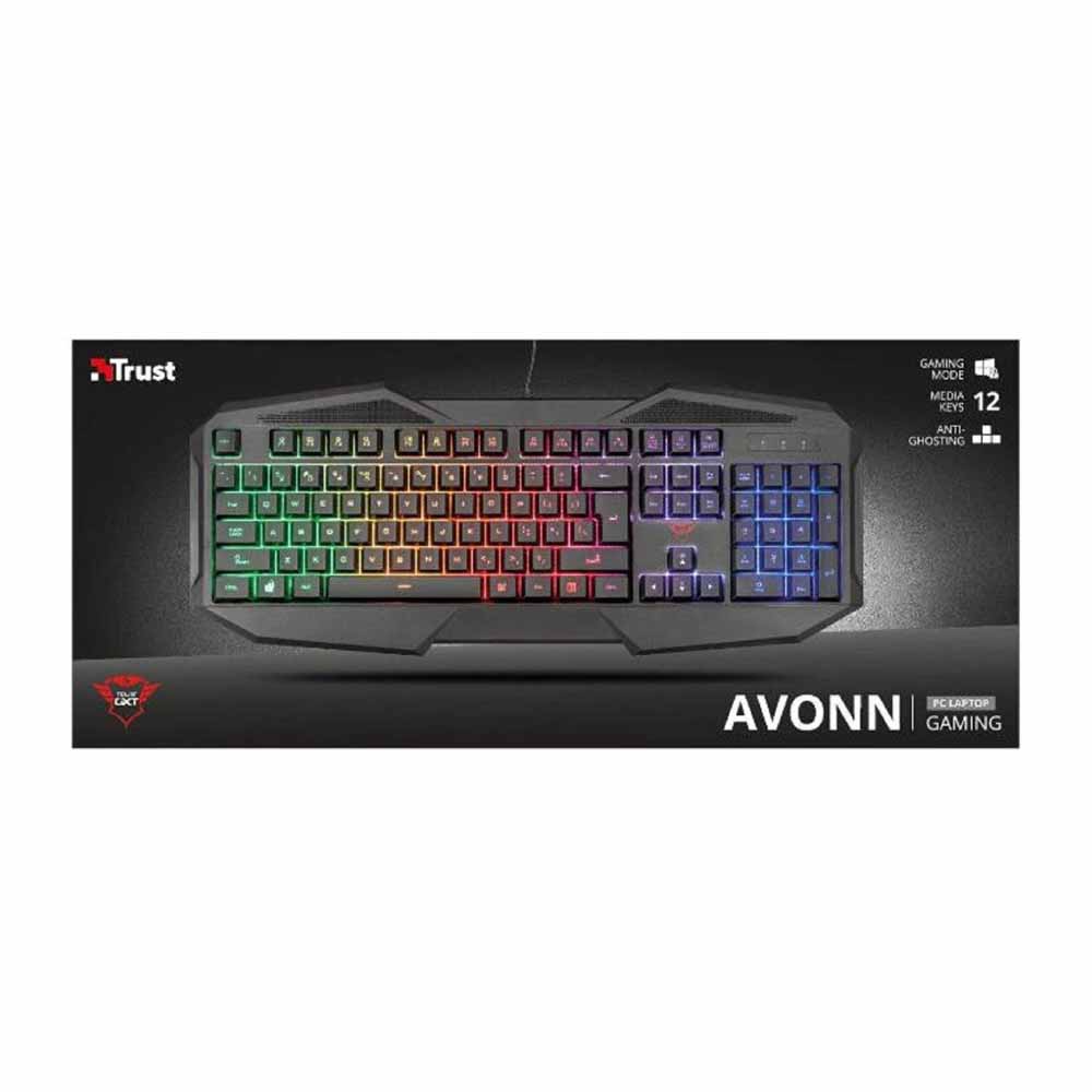 Trust Avonn Gaming Keyboard  - wilko The Trust GXT 830-RW Avonn Gaming Keyboard is a gaming keyboard with full size layout, rainbow wave illumination with adjustable brightness and 12 multimedia keys. The 12 direct access media keys make it possible to control your music or the LED lighting of the keyboard. You can even play and pause music, start a search or change pages directly with the keys on your keyboard. The special game mode switch ensures that you will not return to your desktop accidentally when hitting the Windows key since it is disabled during those intense gaming sessions. The keyboard's full-size layout means that it is optimally designed for fast key entry. The GXT 830-RW features anti-ghosting technology to ensure you can game fast and accurately. You will remain in control even when you press up to 6 keys simultaneously. Made to plug and play: simply plug in the USB in your computer, and within a few seconds you're ready to play. No drivers, CDs or extra software needed.