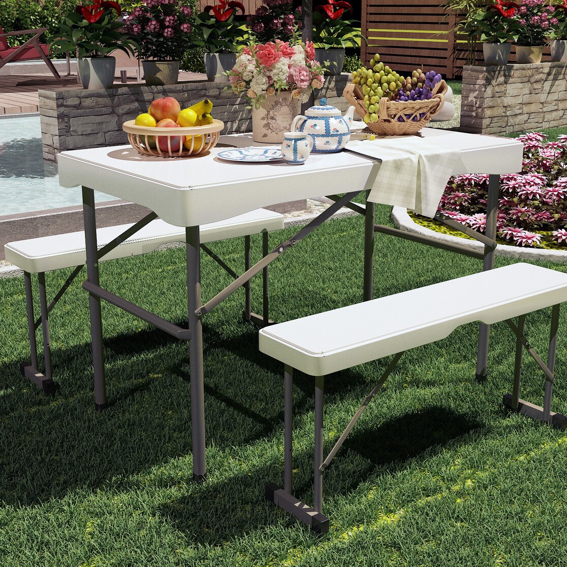 Folding Banquet Table and Benches - White Image 1