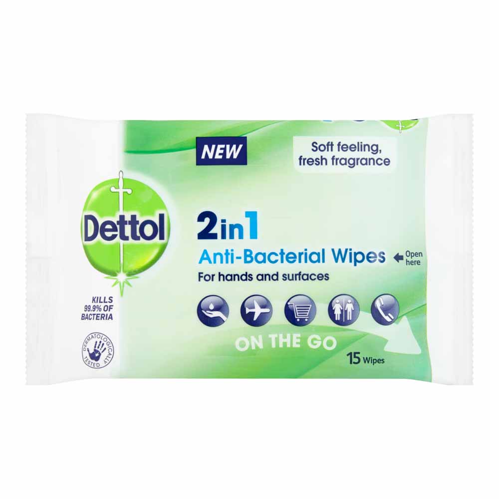 Dettol 2 in 1 Antibacterial Wipes 15 Wipes Image 1