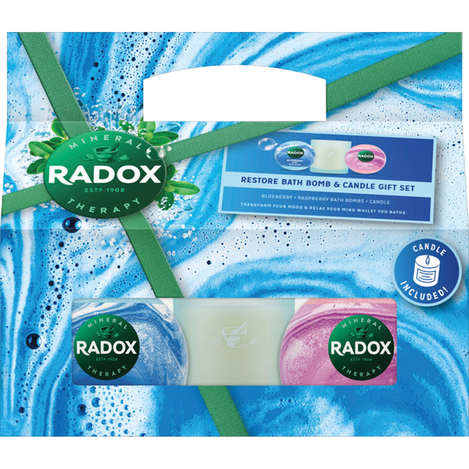 Radox Restore Bath Bomb and Candle Gift Set - Blue Image