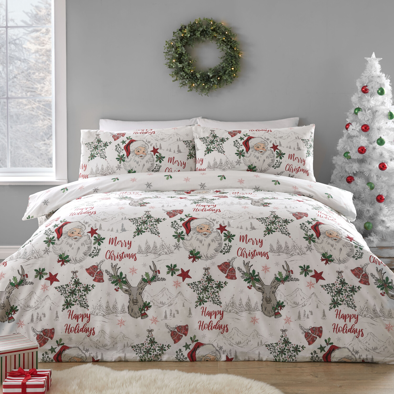 Santas North Pole Duvet Cover and Pillowcase Set - Green / King Image 1