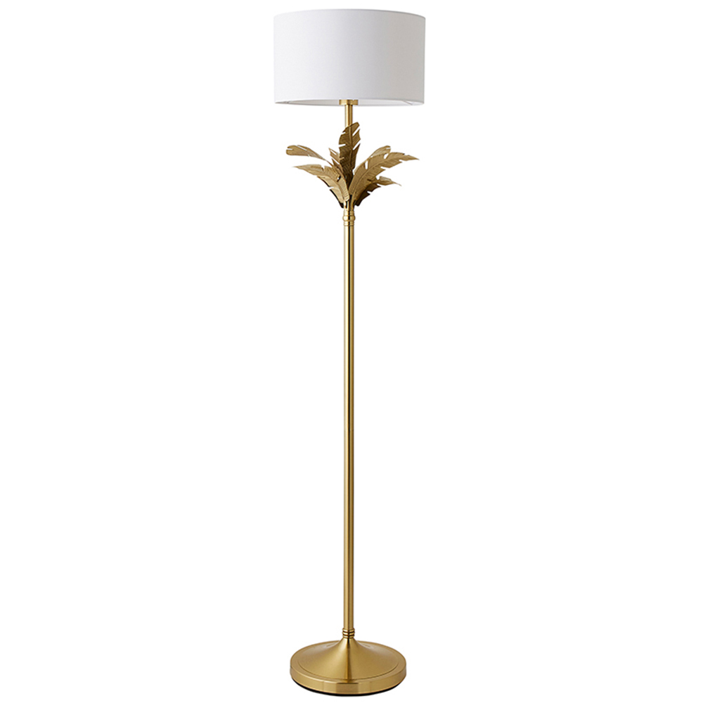 ValueLights Christina White and Gold Palm Leaf Detail Single Stem Floor Lamp and Bulb Image 1