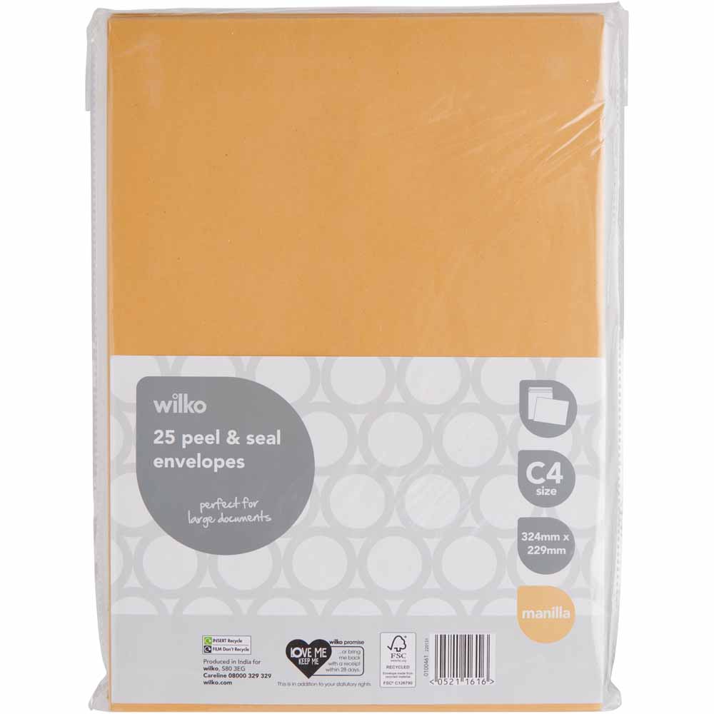 Wilko C4 Manilla Peel and Seal Envelopes 324mm x 229mm 25 Pack Image 1