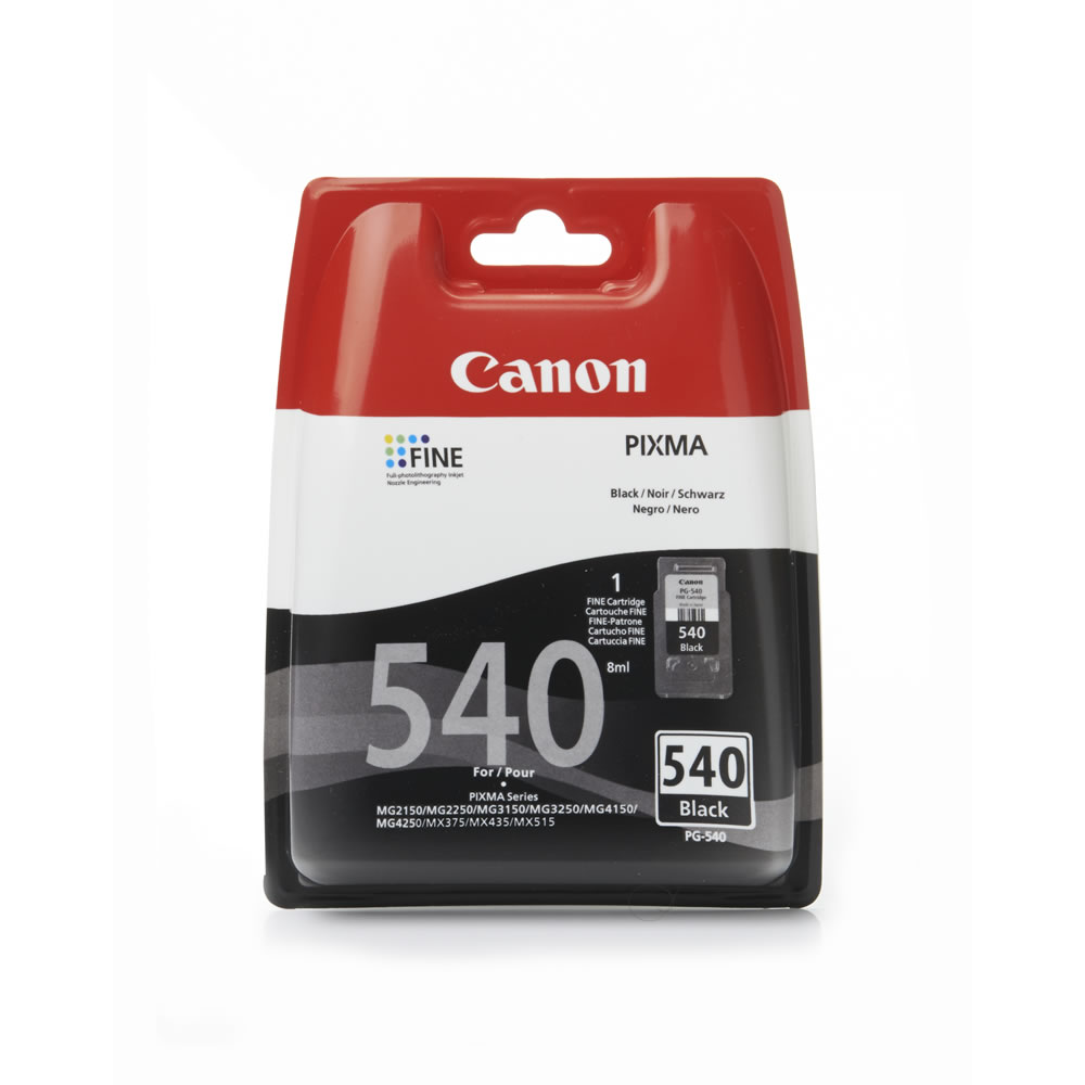 Canon PG-540 Black Ink Cartridge  - wilko Canon ink cartridge for Pixma series, 8ml of black ink. Suitable for Pixma series, MG2150, MG3150, MG4150, MX375, MX435  MX515. Canon PG-540 Black Inkjet Cartridge for use with the Canon-540 and CL-541 ranges. Page yield - up to 180 pages. OEM Ref - 5225B Canon PG-540 Black Ink Cartridge