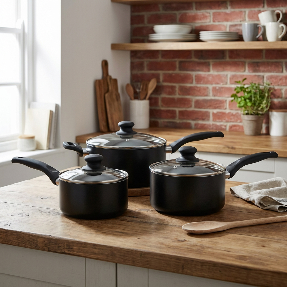 Soft Touch Non-Stick Saucepan Set - Black Image 8