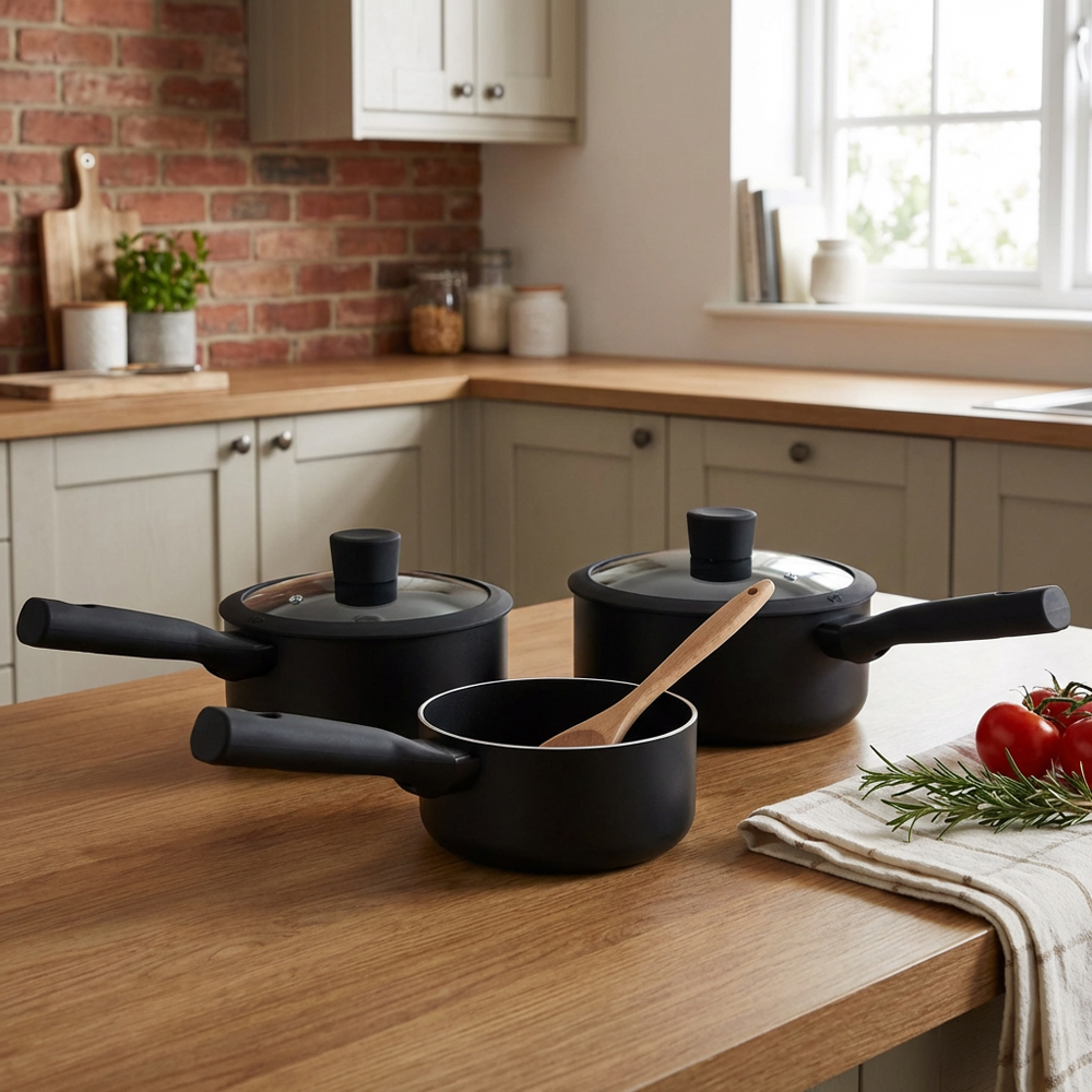 Soft Touch Non-Stick Saucepan Set - Black Image 3