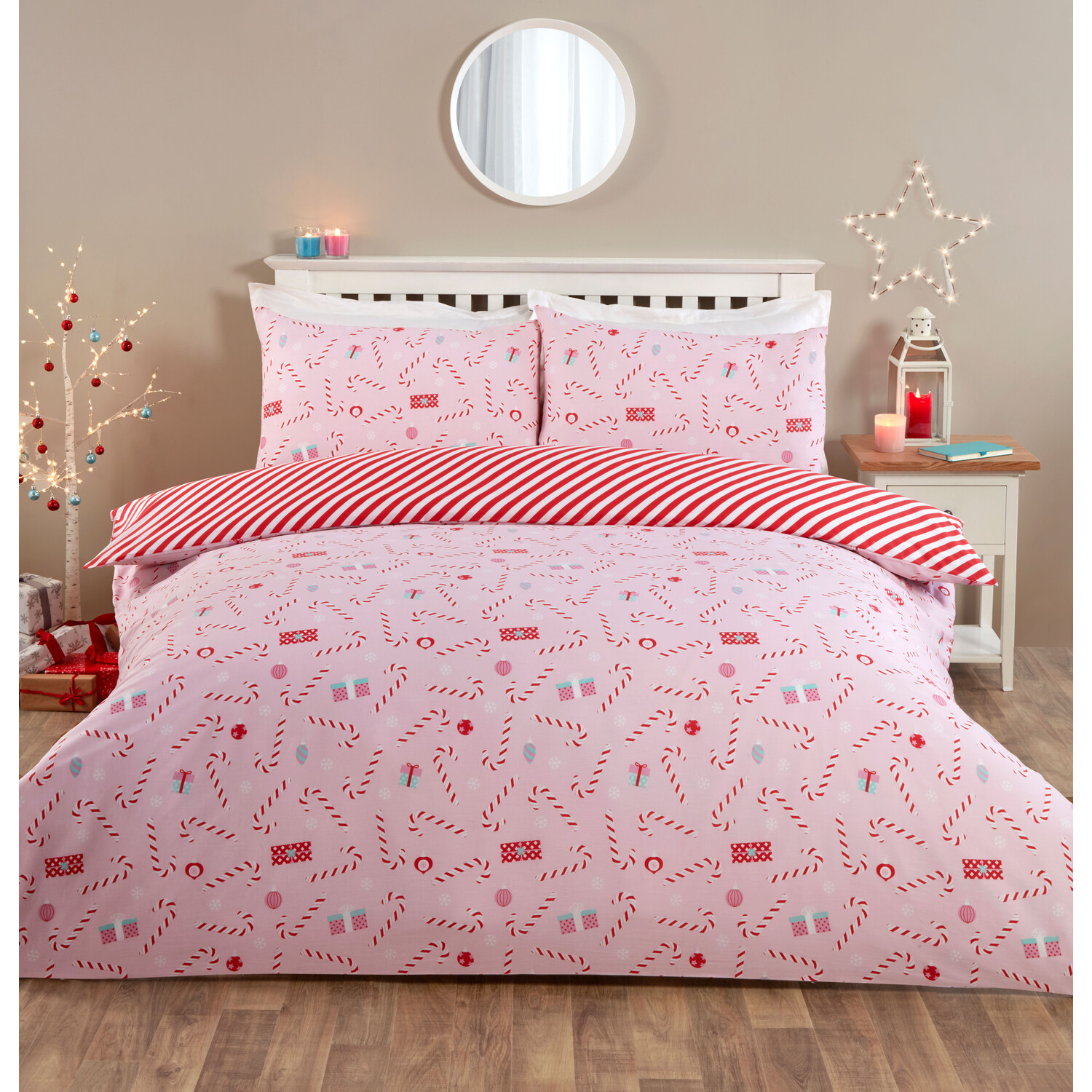 Candy Canes Duvet Cover and Pillowcase Set - Blush / Single Image 1