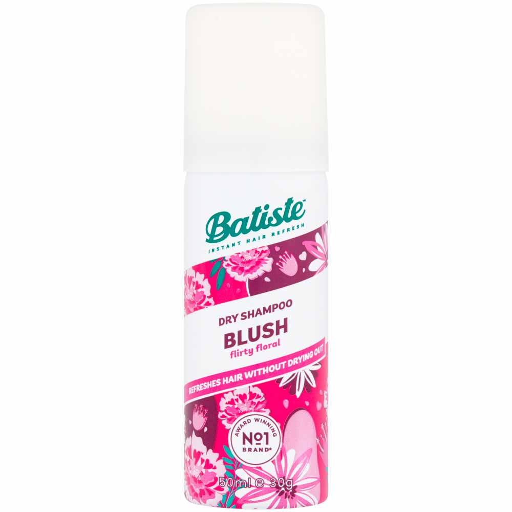 Batiste Blush Dry Shampoo 50ml  - wilko Batiste Dry Shampoo Blush is the floral, flirty way to turn heads. A few quick sprays instantly leaves hair feeling clean, fresh and  full of body and texture. A quick burst revitalises  hair, banishing oily roots to give dull, lifeless hair the makeover it needs without  any water. WARNING; Extremely flammable. For external use only. Keep out of reach  of children. Always read  instructions. Batiste Blush Dry Shampoo 50ml
