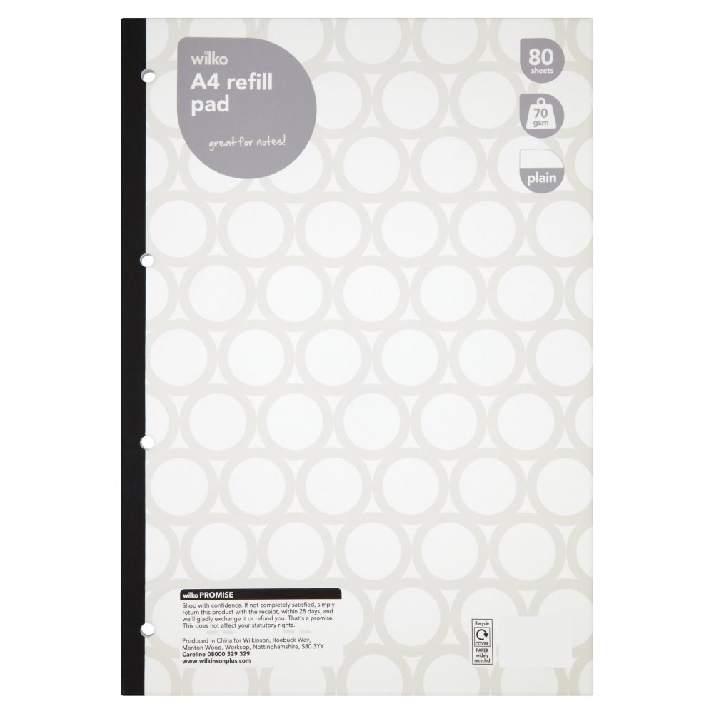 Wilko A4 Plain Refill Pad 80 Sheets 70gsm Wilko