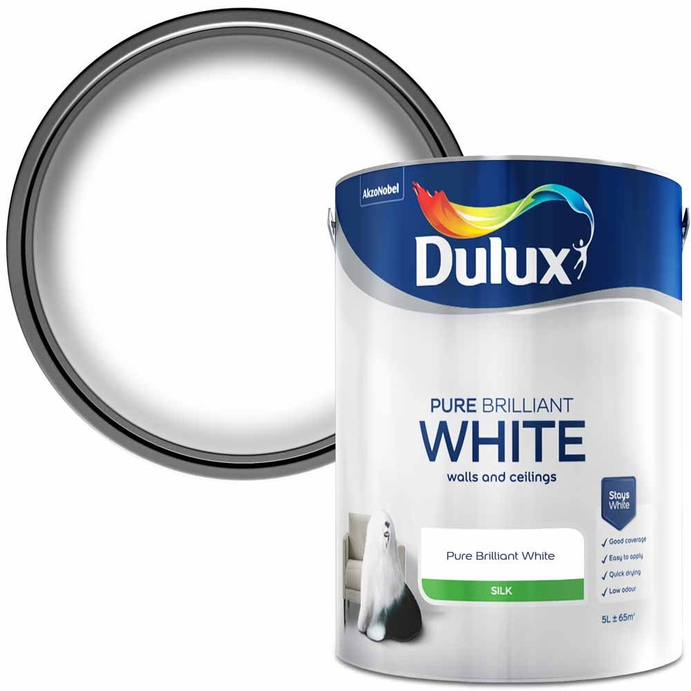 Dulux Walls & Ceilings Pure Brilliant White Silk Emulsion Paint 5L Image 1