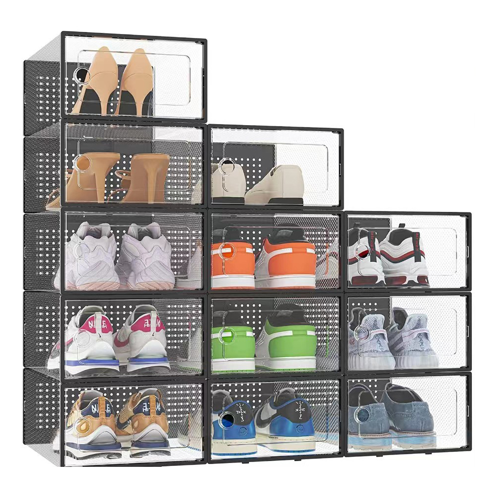 Living and Home Black Double Door Shoe Storage Boxes 12 Pack Image 1