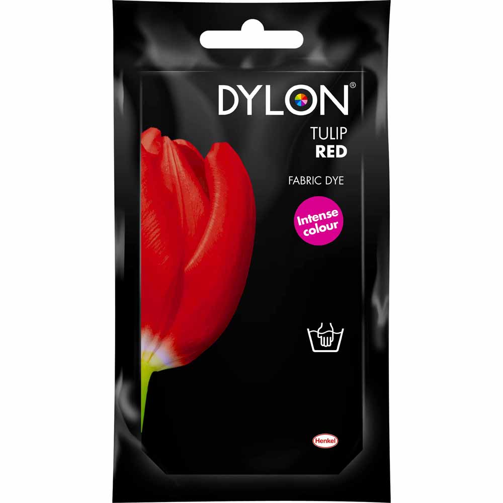 Dylon Tulip Red Hand Fabric Dye 50g  - wilko Dylon Hand Dye is ideal for dyeing smaller items, delicate items such as wool and silk and for crafts such as tie-dye. Use by hand in warm water to give strong, permanent colour to natural fabrics. This pack is bursting with a whole spectrum of ideas, and with Dylon you have all the colours of the rainbow to choose from. So, wake up your wardrobe, revive a faded scarf or brighten some cushion covers with colour, ease and permanent results you?ll be proud of! This shade will always have an air of classic, chic sophistication. You'll also need 250g of ordinary salt (not included). 1 pack dyes up to 250g fabric (e.g. shirt) to full shade or larger amounts to lighter shade. Not suitable for pure polyester, acrylic, nylon and fabric with special finishes. Colour mixing rules apply (e.g. blue on red gives purple). Warning: Always read instructions. Irritant. May cause an allergic reaction. Keep out of reach of children. Directions for use: Weigh dry fabric, wash thoroughly. Leave damp. Using rubber gloves, dissolve dye in 500ml warm water. Fill bowl/stainless steel sink with approx 6 litres warm water (40°C). Stir in 250g (10tbsp) salt. Add dye & stir well. Submerge fabric in water. Stir for 15mins, then stir regularly for 45mins. Rinse fabric in cold water. Wash in warm water & dry away from direct heat & sunlight. Requires 250g salt.