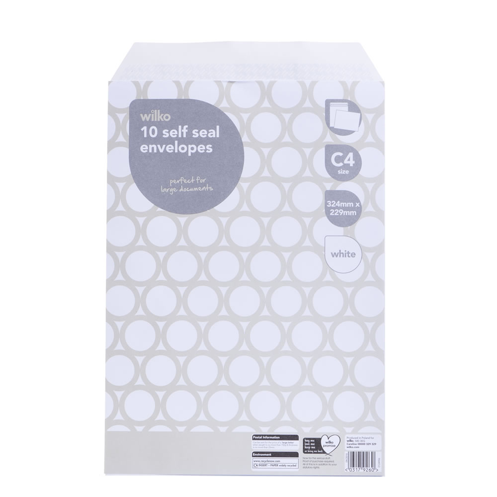 Wilko C4 White Self Seal Envelopes 324 x 229mm 10 Pack White C4 self seal envelopes. Quick seal easily so you won't miss the post. This size envelope is a large letter. Max weight 750g, max thickness 25mm Wilko C4 White Self Seal Envelopes 324 x 229mm 10 Pack