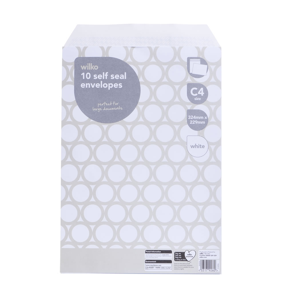 Wilko C4 White Self Seal Envelopes 324 x 229mm 10 Pack Image