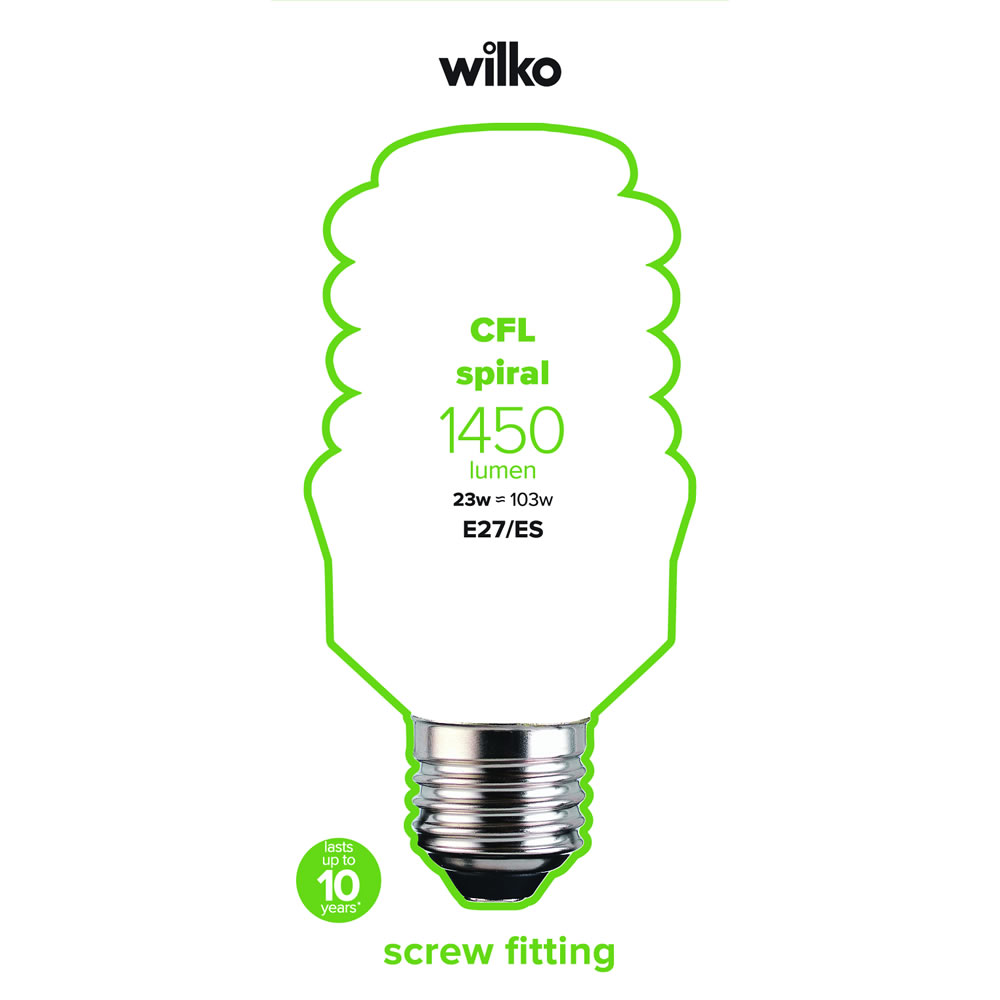 Wilko 1 pack Screw E27/ES CFL Energy Saving 23W Spiral Light Bulb Image 2