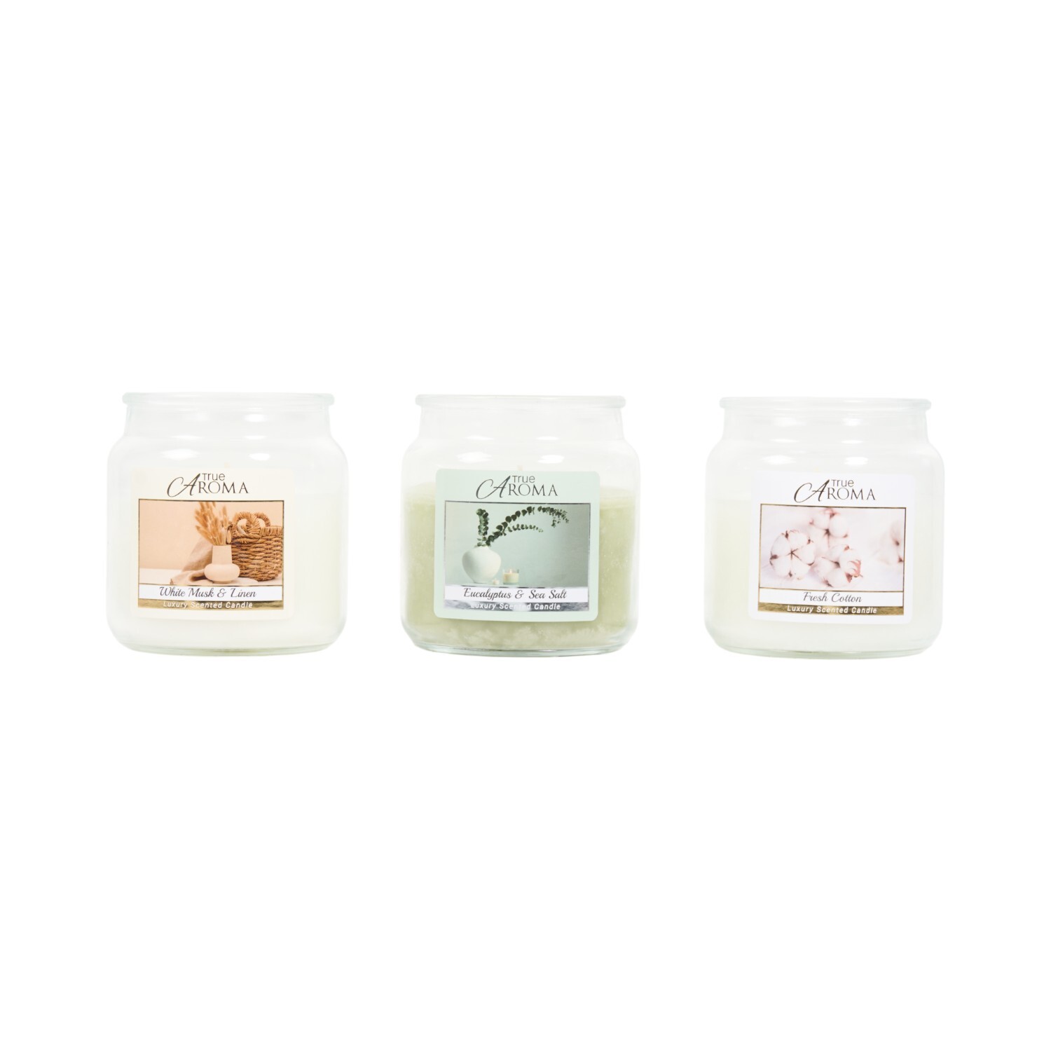 Pack of 3 Luxury Scented Mason Jar Candles Fresh Cotton White Musk & Linen Eucalyptus & Sea Salt Image 1
