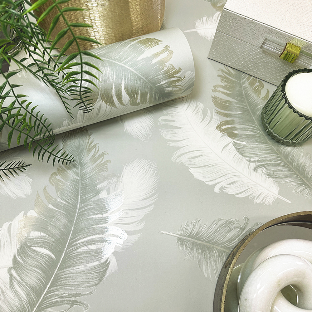 Belgravia Decor Feather Sage and Cream Wallpaper Image 2