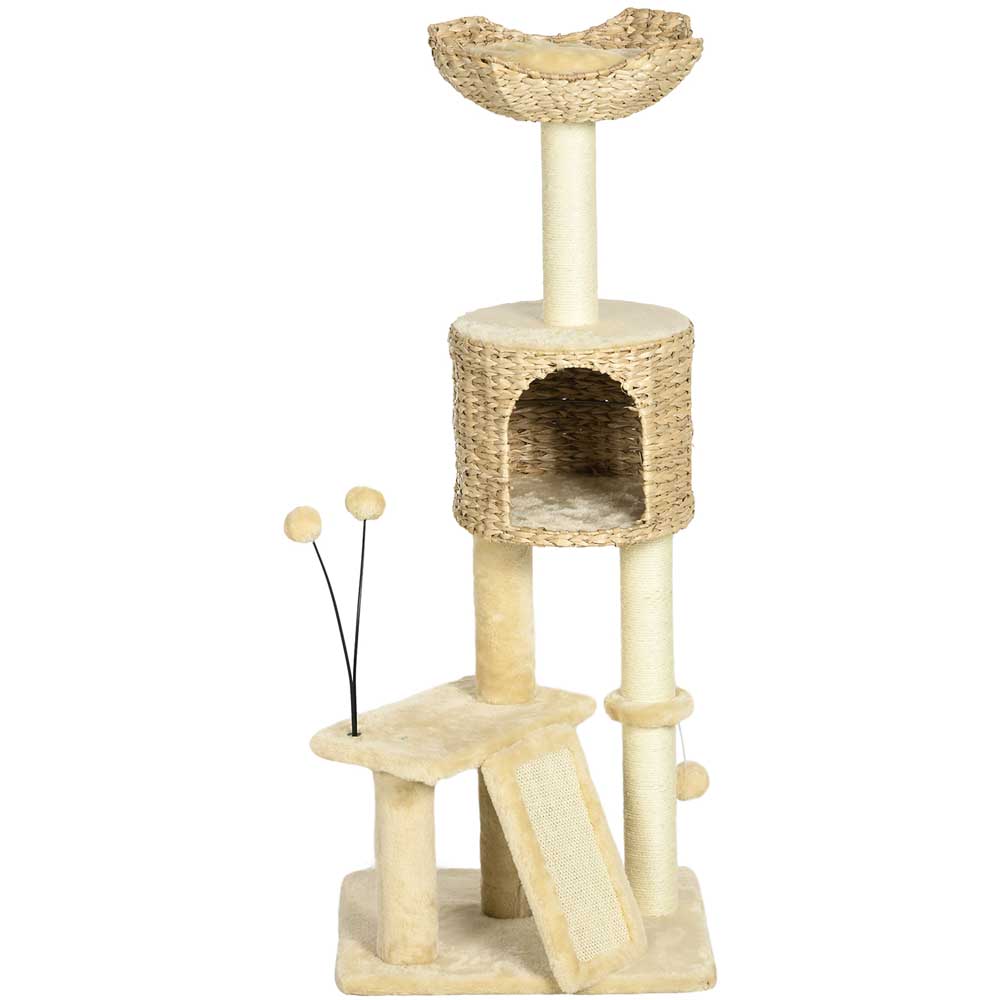 PawHut 116cm Cat Tree Tower w/ Scratching Post, Cat House, Ball, Platform, Beige Image 1