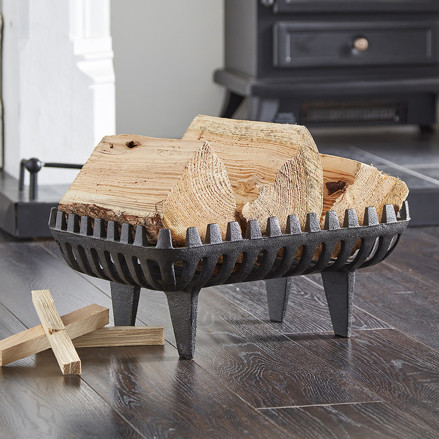 Heavy Cast Log Basket Black Image 2