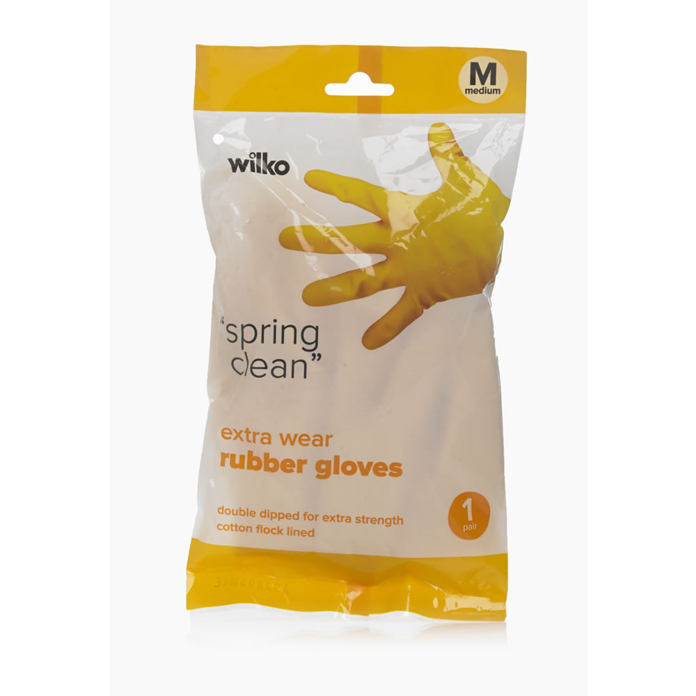 Wilko Medium Yellow Extra Wear Rubber Gloves Natural Rubber And Cotton Flock
