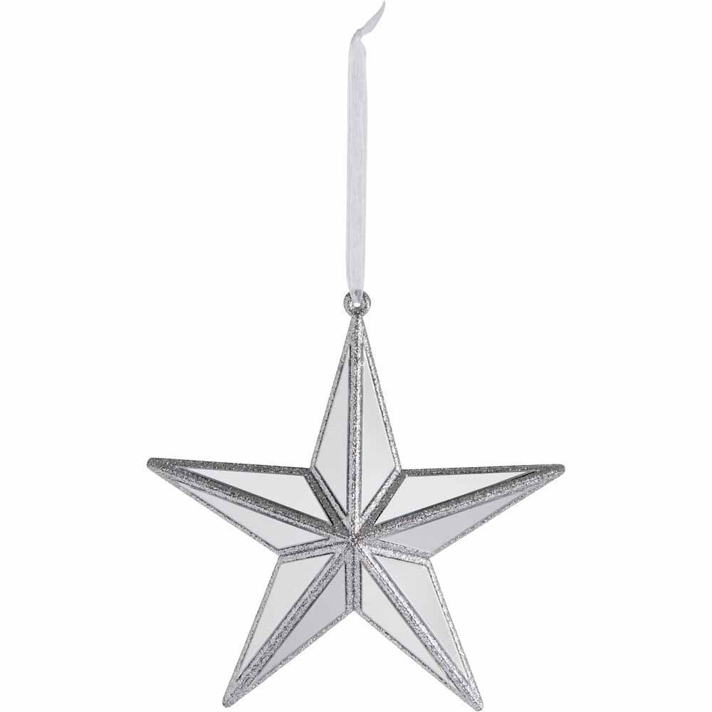 Wilko Glitters Silver Mirror Star Christmas Decorations 4 Pack Image 2