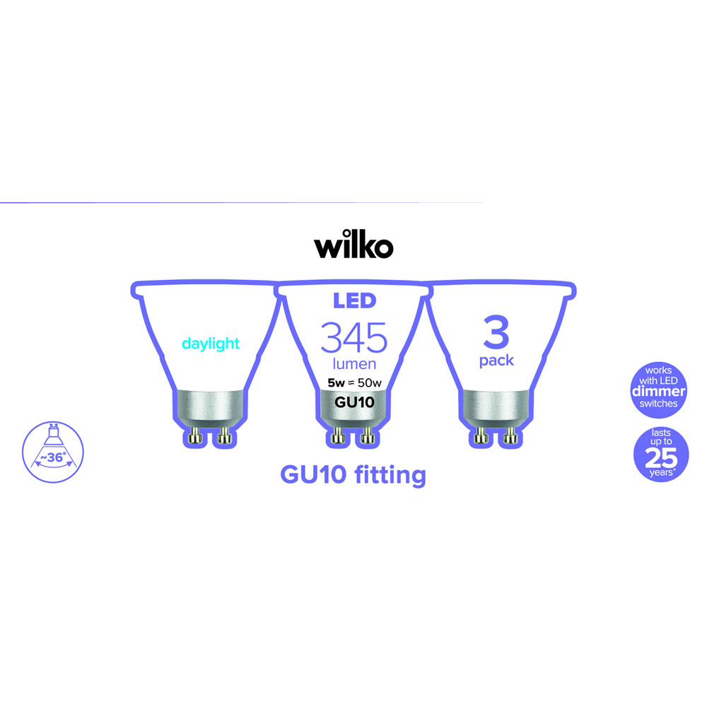Wilko 3 pack GU10 LED 5W 345 Lumens Dimmable Dayli ght Spotlight Bulb Image 2