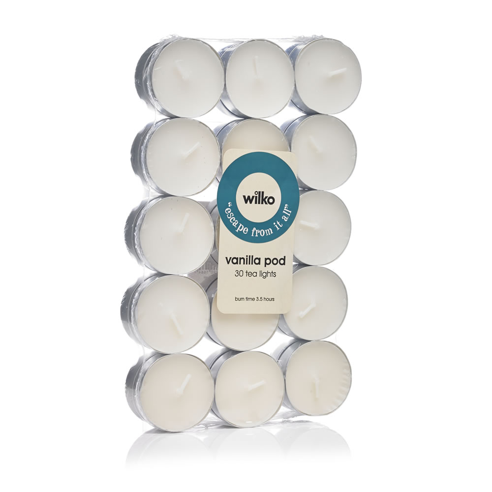 Wilko Warm Vanilla Pod Scented Tealights 30 pack Relax and unwind with our gorgeous smelling scented tealights. The pack contains 20 tealights infused with nature-inspired fragrance. They carry top notes of butter caramel with sweet coconut mid notes and a vanilla and musk base. The tealights and will infuse your home with a unique combination of scent that your senses are sure to love. It is perfect to enhance the ambience and set the mood at home with flickering flame and some pleasant fragrance. Warning: Contains 4-tert-butylcyclohexyl acetate. May produce an allergic reaction.