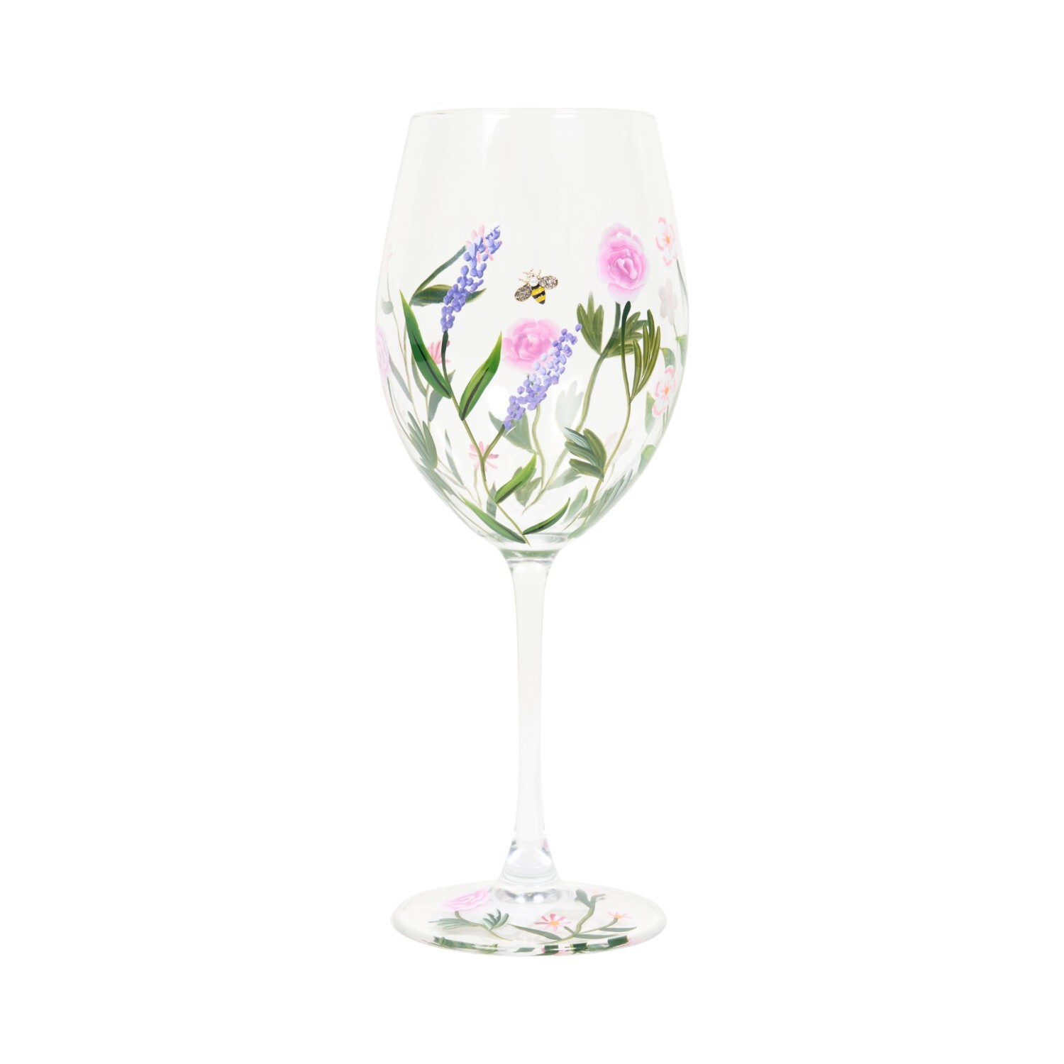Hand Painted Flowers and Bees Wine Glass Image 1
