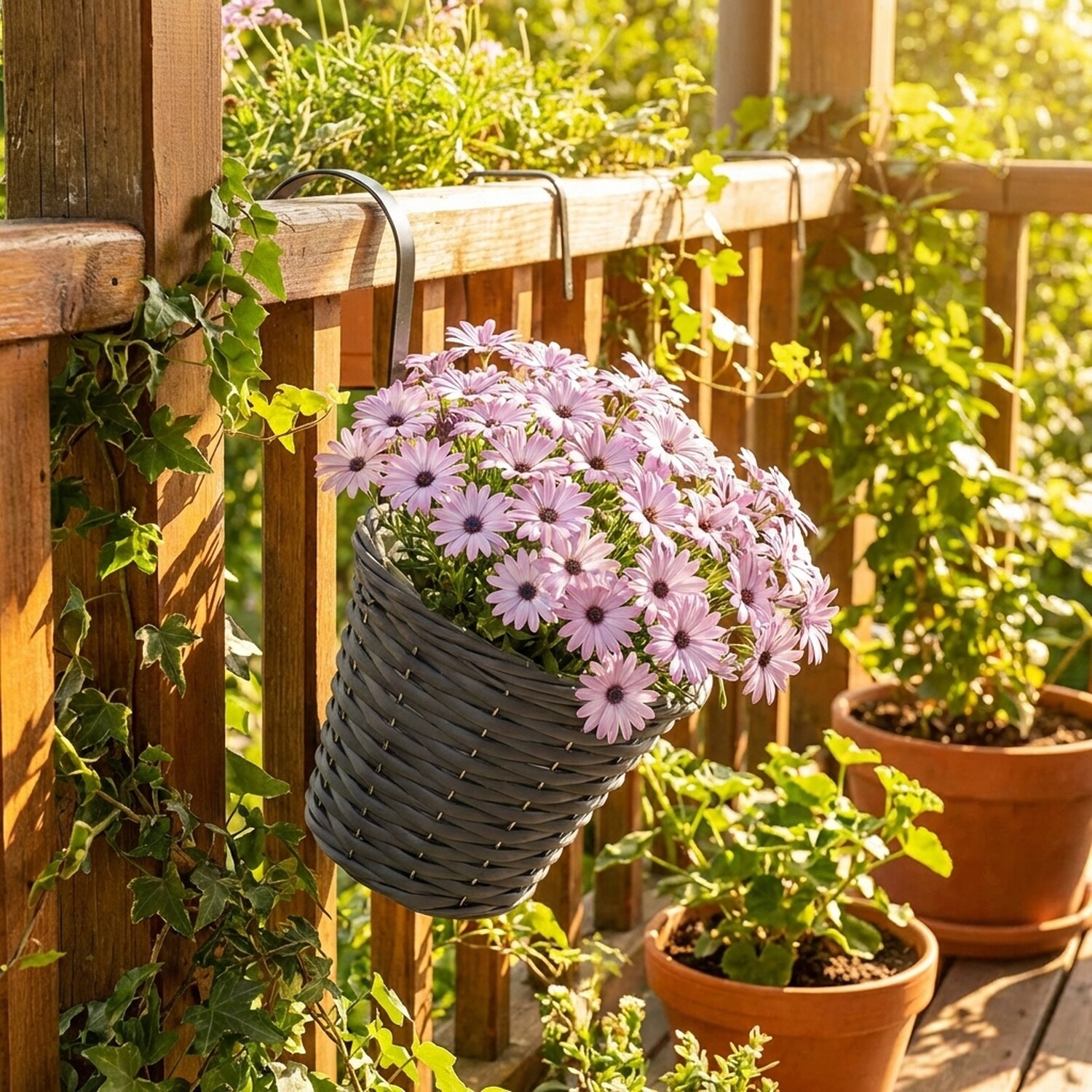 Faux Rattan Hanging Fence Pot Grey Image 3