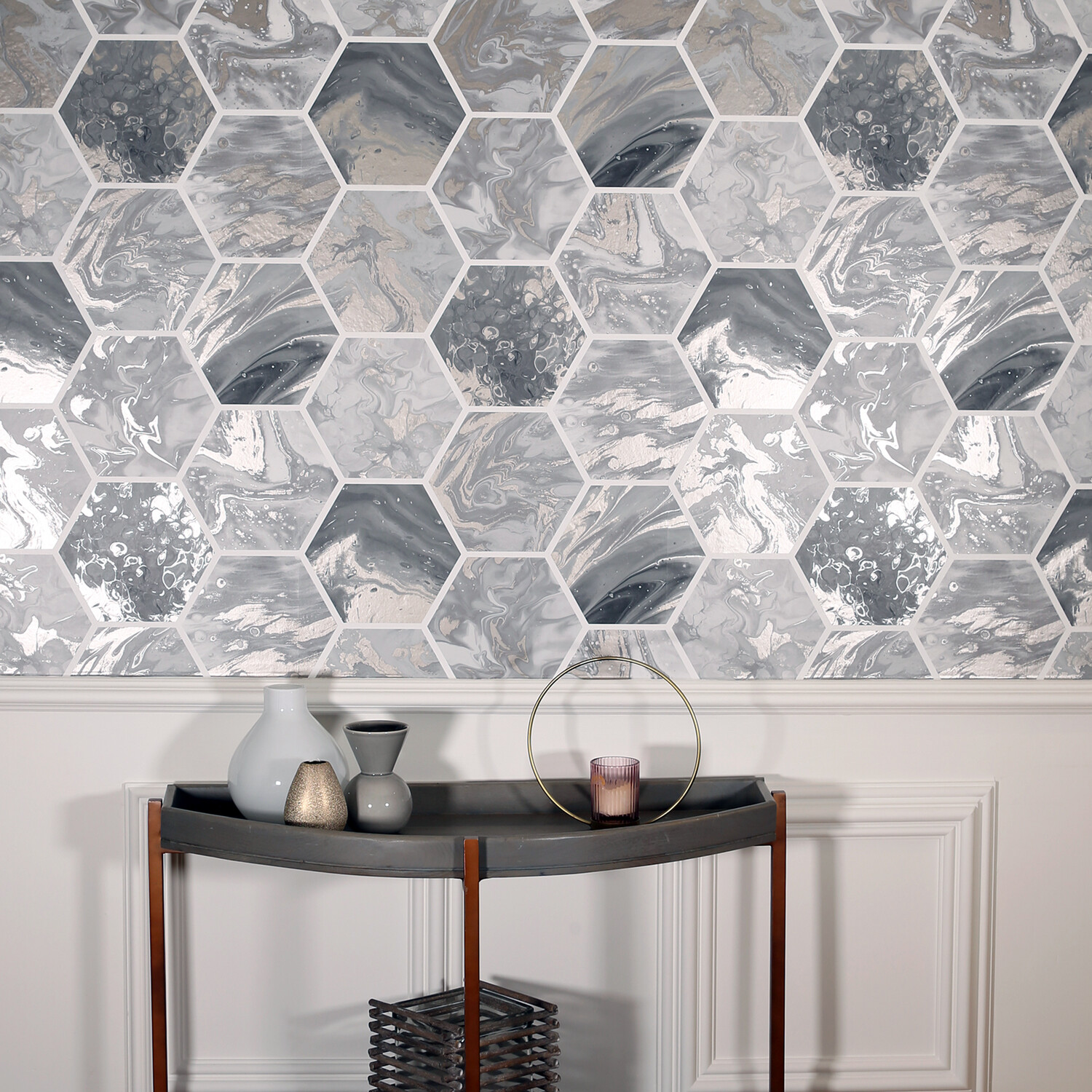 Marbled Hexagon Wallpaper - Charcoal and Rose Gold Image 5