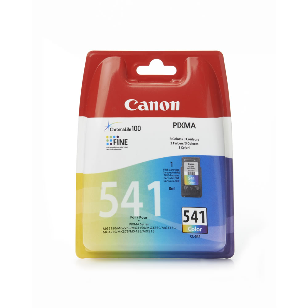 Canon CL-541 Colour Ink Cartridge  - wilko Canon ink cartridge for Pixma series, 8ml of colour cartridge. Suitable for Pixma series, MG2150  MG3150. Canon CL-541 Tri-Colour (Cyan Magenta, Yellow) Ink Cartridge for use with the Canon-540 and CL-541 ranges. Page yield - up to 180 pages. OEM Ref - 52 Canon CL-541 Colour Ink Cartridge
