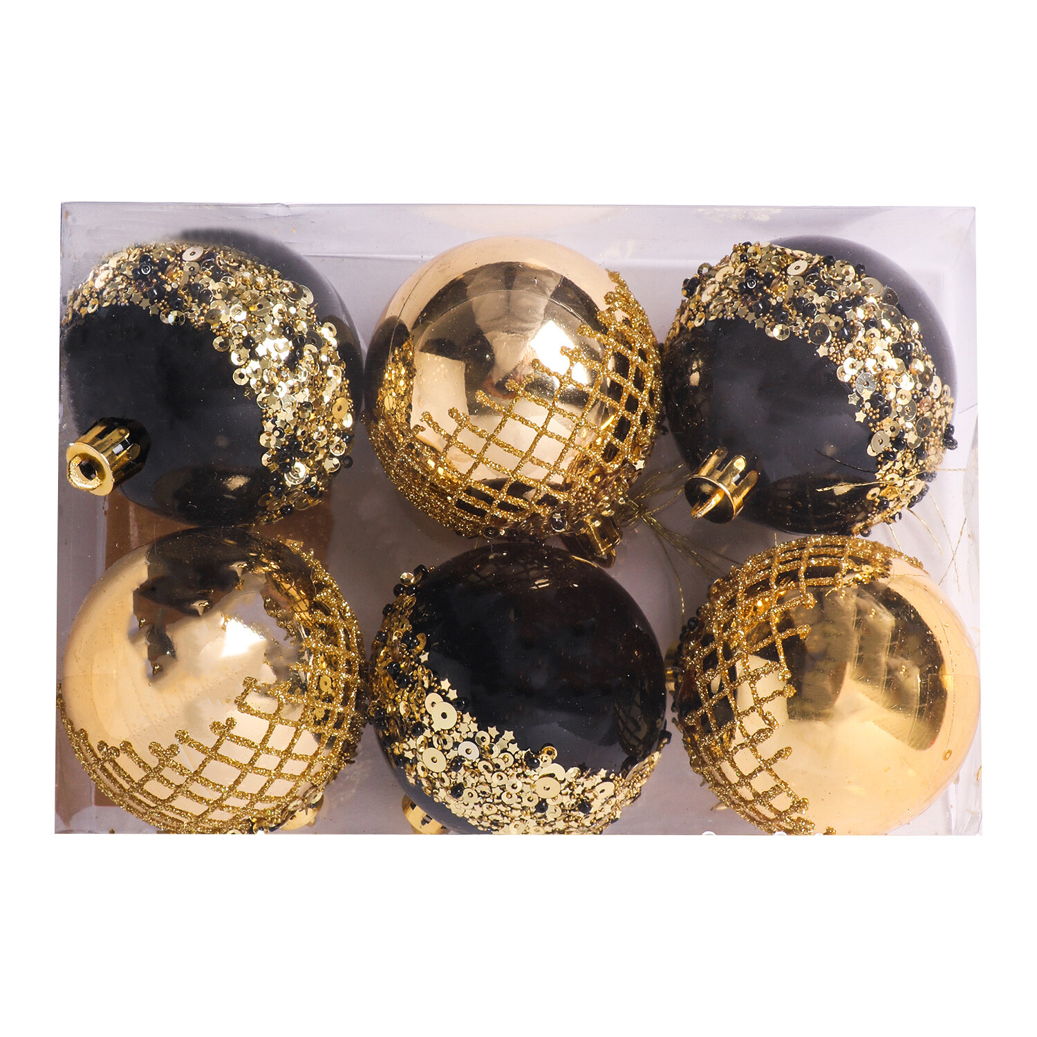 Pack of 6 Black and Gold Baubles - Black Image