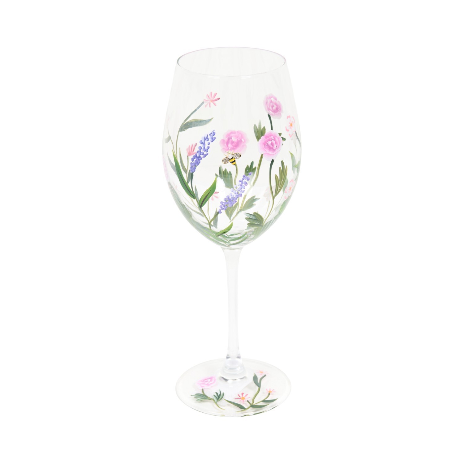 Hand Painted Flowers and Bees Wine Glass Image 4