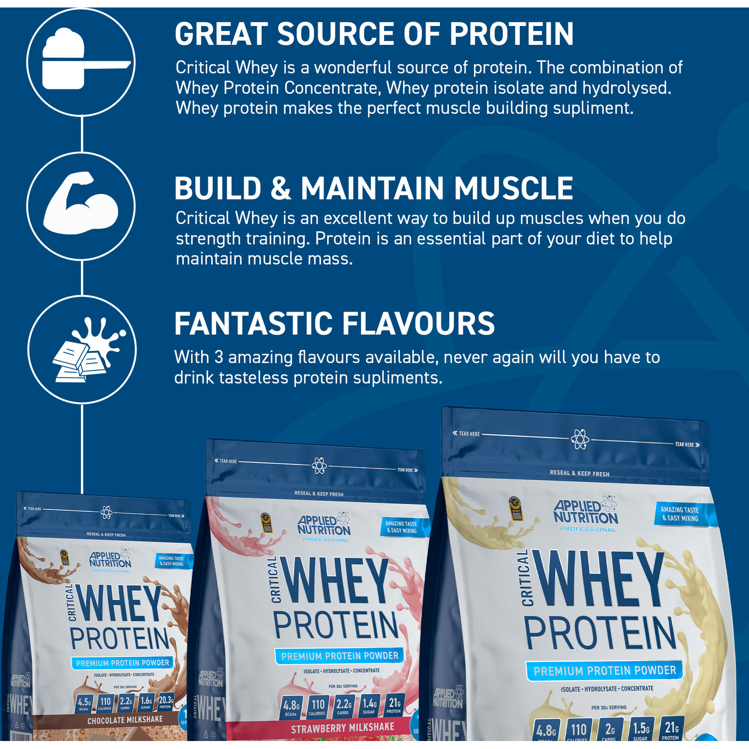 Vanilla Ice Cream Critical Whey Protein Powder - Blue Image 4