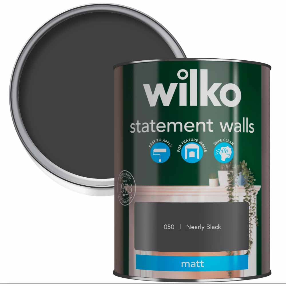 Wilko Statement Walls Nearly Black Matt Emulsion Paint 1.25L Image 1