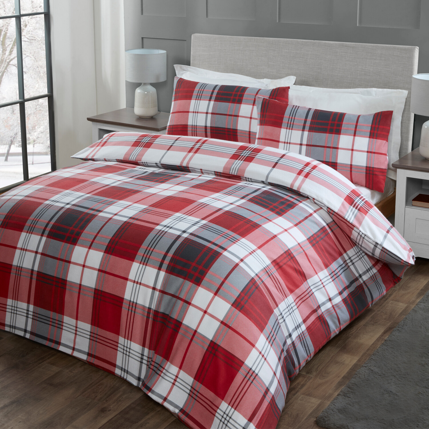 Hamilton Grey Check Duvet Cover and Pillowcase Set - Red / Super King size Image 2