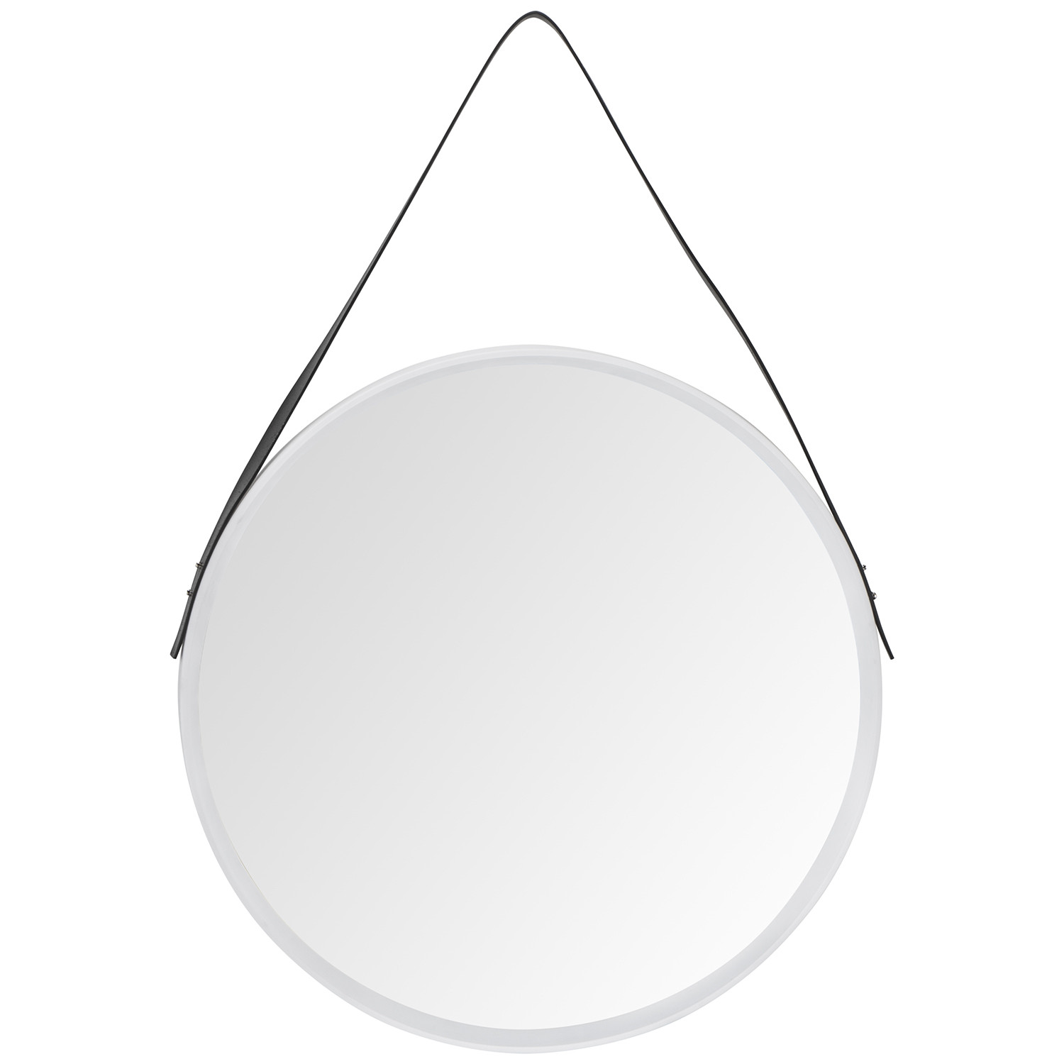 White Round Faux Leather Strapped Modern Wall Mirror Image 1