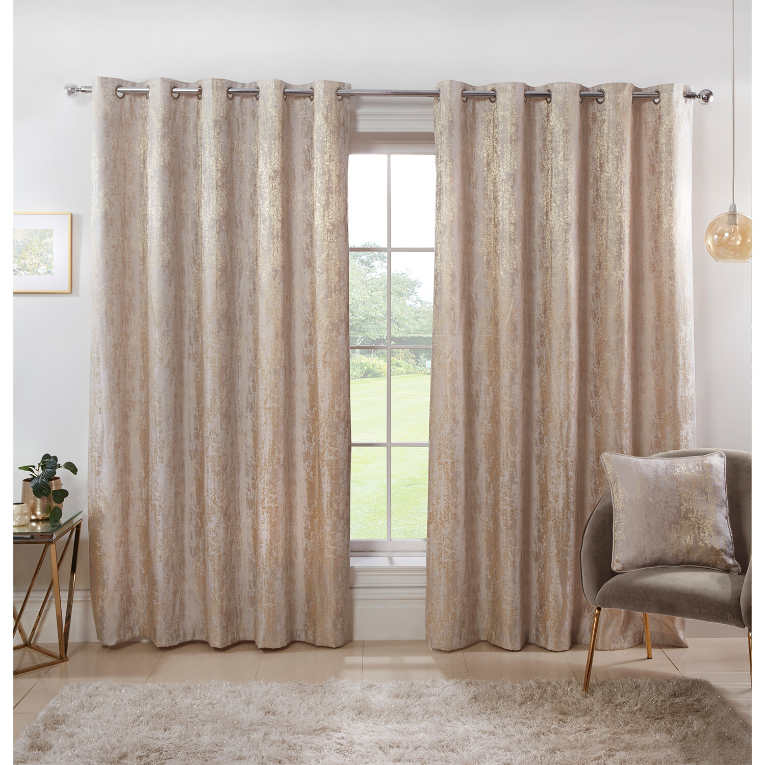 Divante Agadir Champagne Jacquard Eyelet Curtains 168 x 229cm Image 1