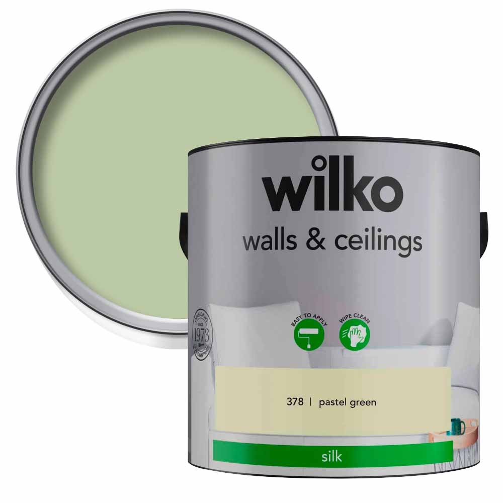 Wilko Walls & Ceilings Pastel Green Silk Emulsion Paint 2.5L Image 1