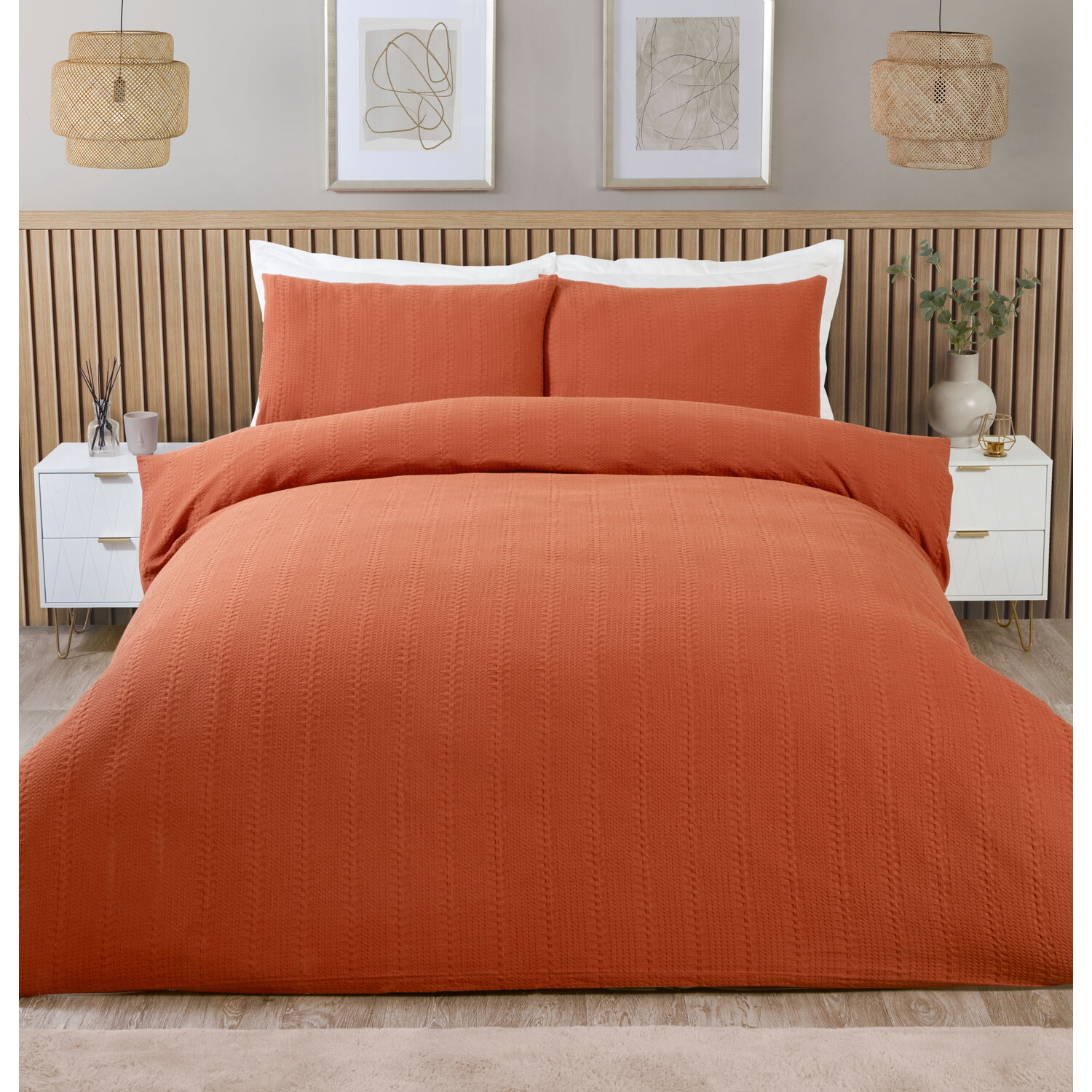 Divante Merida Super King Rust Waffle Stripe Duvet Set Image 1