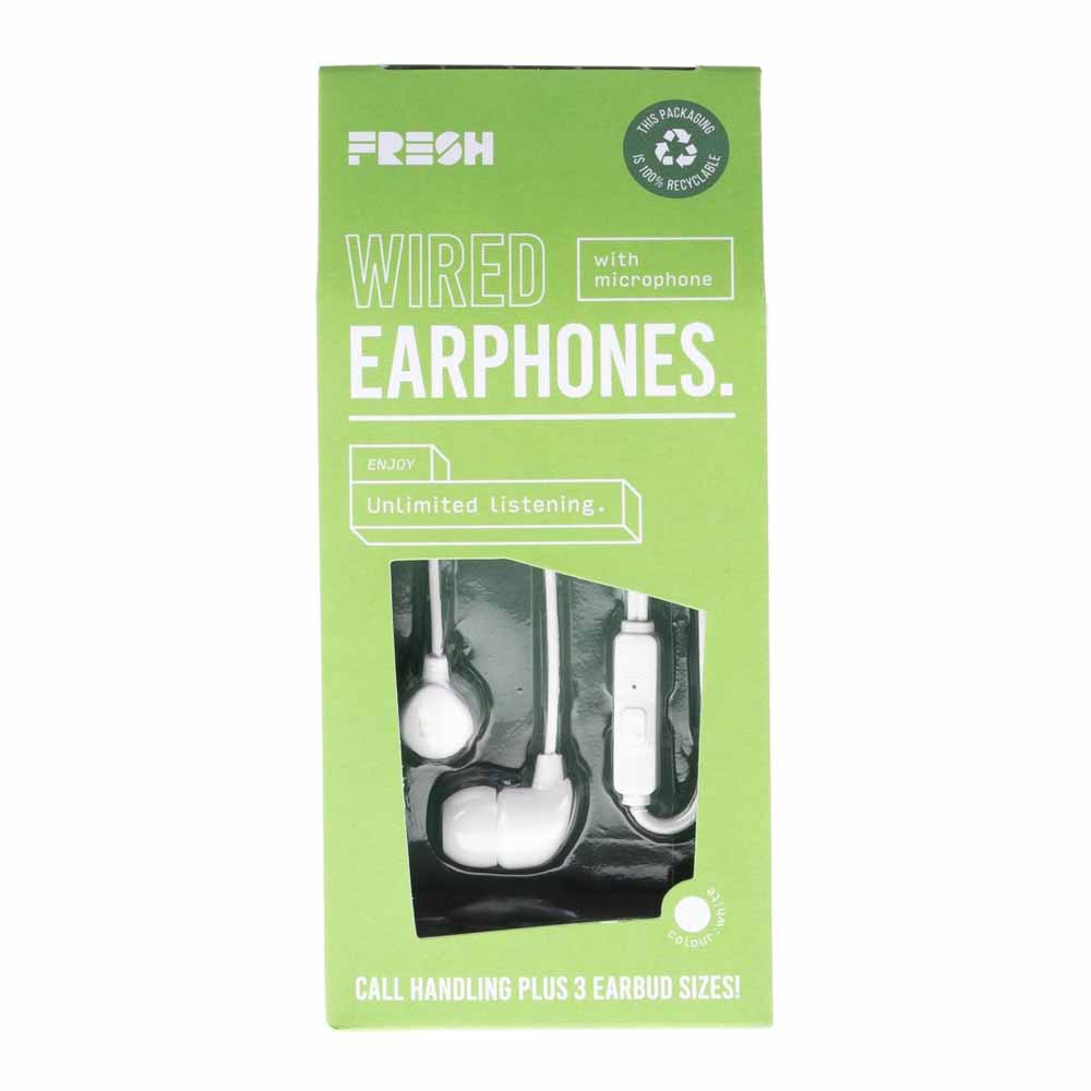 Fresh InEar Wired Earphone and Mic White  - wilko Grab a pair of Fresh Wired Earphones in white and enjoy unlimited listening to your favourite music in quality sound. Includes a choice of 3 earbud sizes and a built-in mic for call handling. The compact, lightweight design makes them easy to pop in your bag or your pocket. Anyone can listen in comfort with a choice of three different soft earbud sizes. All packaging is 100% recyclable. Specifications: Sensitivity: 96 dB, Frequency response: 20 Hz – 20 kHz, Drivers: 2 x 10 mm, Aux in: 3.5 mm, Cable length: 1.2 m.