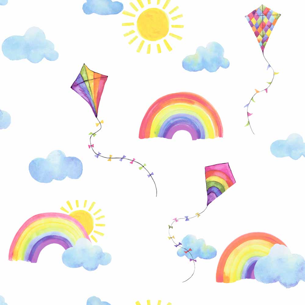 Rainbows & Flying Kites White Wallpaper Image 1
