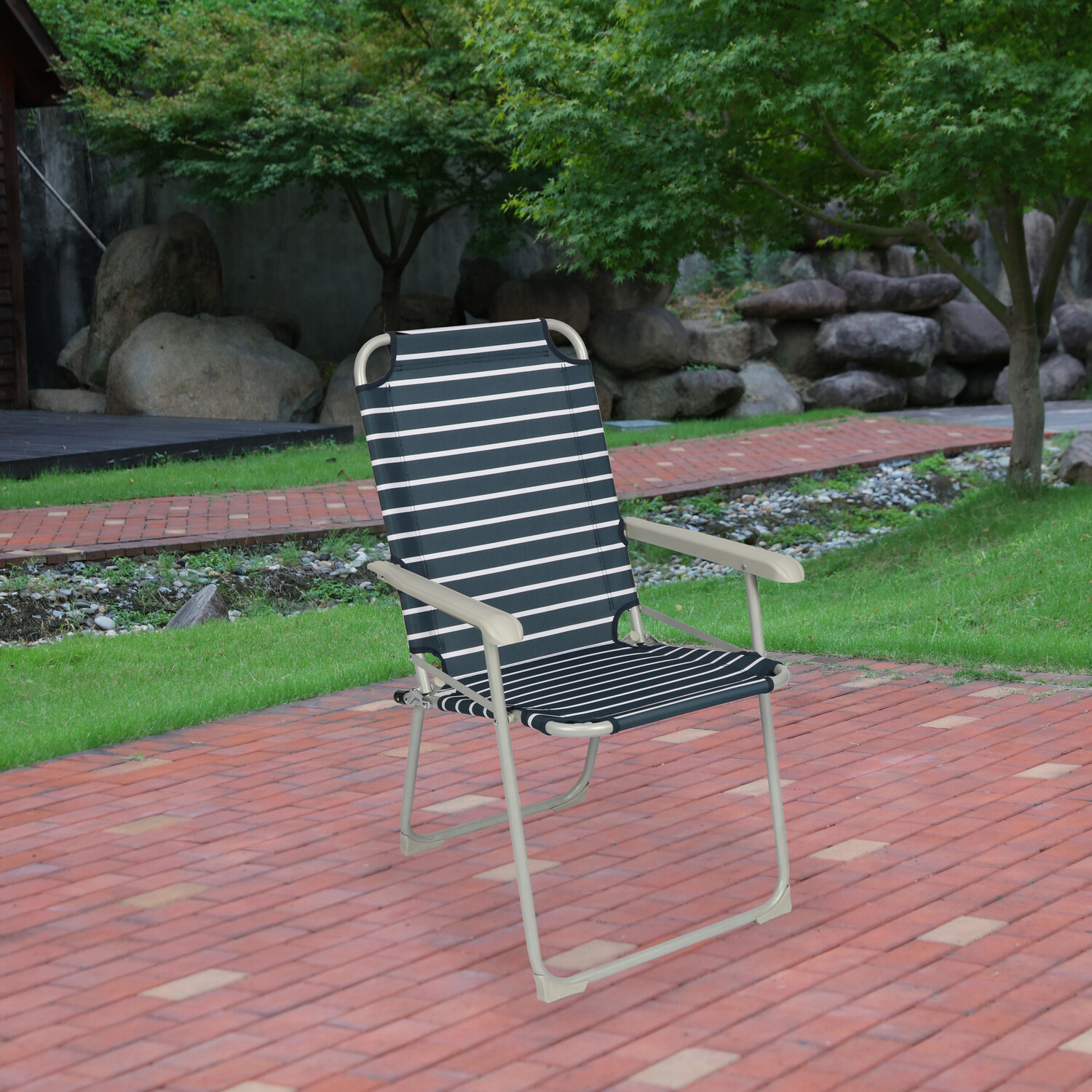Folding Stripe Camping Chair Navy Image 2