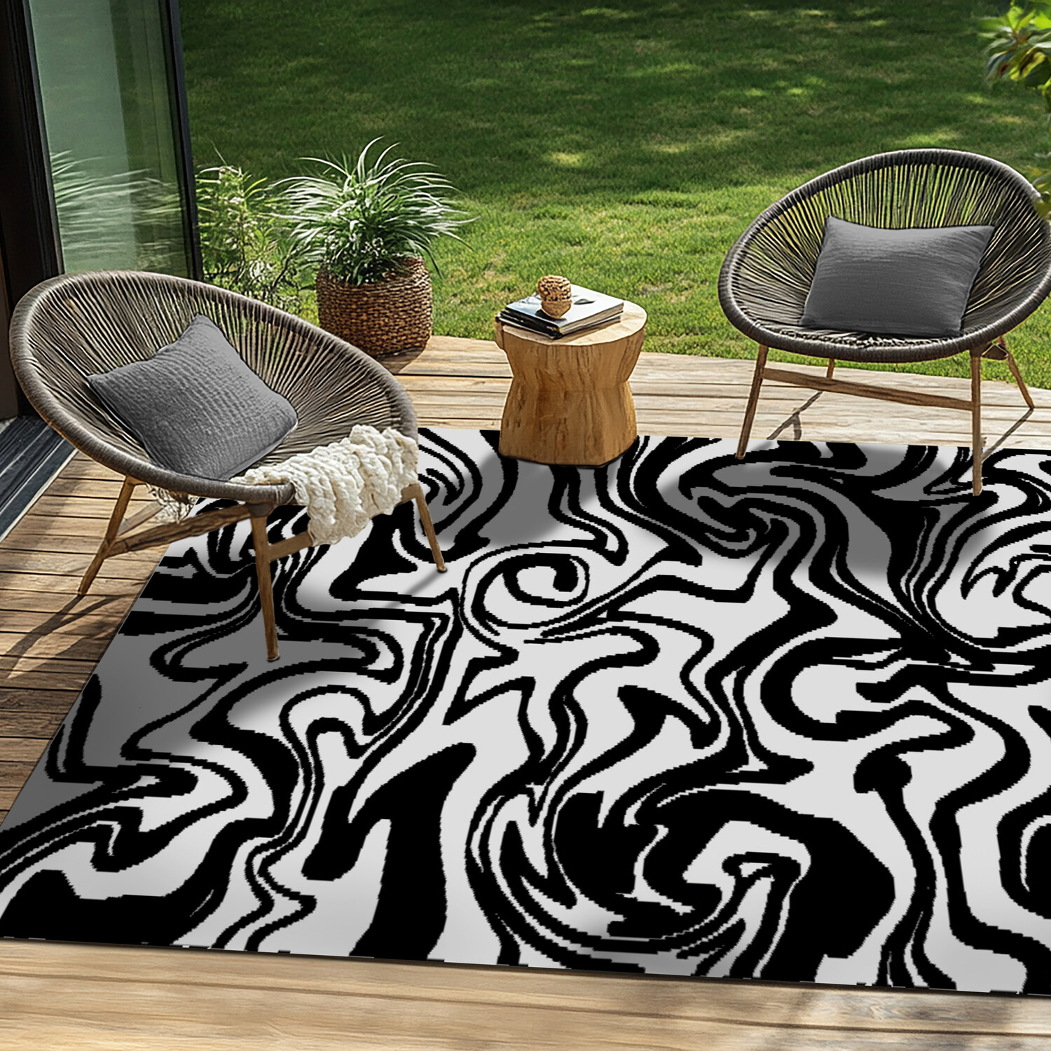 Liquid Marble Outdoor Rug - Black and White Image 1